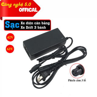 Sạc 42V, 63V Xe Điện Cân Bằng Sạc xe drift 3 bánh sạc pin xe cân bằng Giắc tròn 3 chấu đèn báo đầy