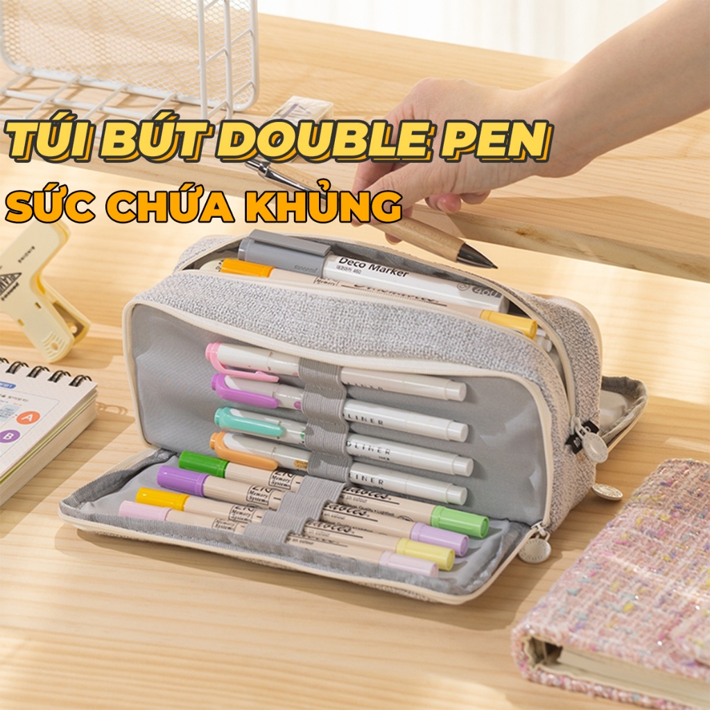 Hộp bút vải ANGOO túi bút double pen case bóp viết 3 ngăn đa năng sức chứa siêu khủng chất liệu vải canvas,vải dạ bông