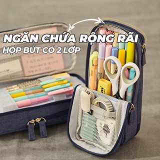 Hộp bút vải canvas ANGOO túi bút double pen case bóp viết nhiều ngăn đa năng hai lớp