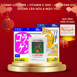 ( COMBO 1 THÁNG) L cystine 500mg 60 viên , Vitamin C DHC 60 viên  và Collagen DHC  giúp trắng da, chống lão hóa, mọc tóc