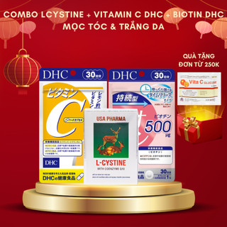 (COMBO 1 THÁNG) L-cystine 500mg + Vitamin C DHC 60 viên + Biotin DHC 30 viên giúp làm đẹp da, mọc tóc, giảm rụng tóc
