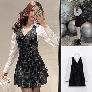 Đầm cổ sơ mi kèm yếm dạ tweed đen xuất dư ZR cho nữ mẫu mới 2023