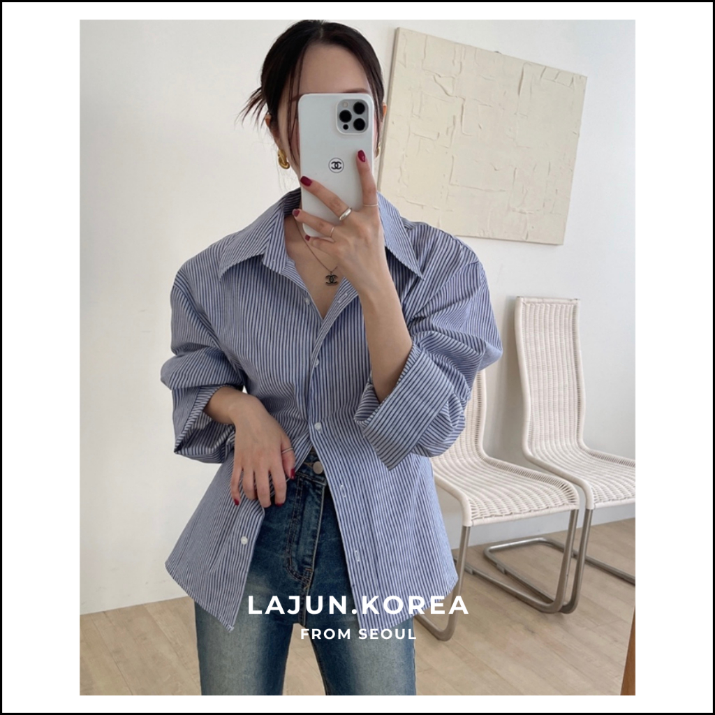 [LAJUN KOREA] Áo sơ mi nữ tay dài cổ bẻ phối nút gài eo tôn dáng Hàn Quốc
