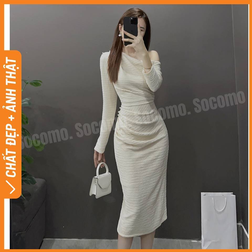 Váy đầm body thiết kế lệch vai cúc ngọc li eo Socomo V1322023 - Hàng loại 1, chất cực đẹp - Giá cực tốt