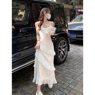 Đầm 2 dây phối bèo tiểu thư dáng dài maxi