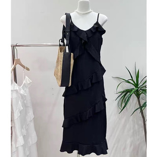 Đầm 2 dây phối bèo tiểu thư dáng dài maxi