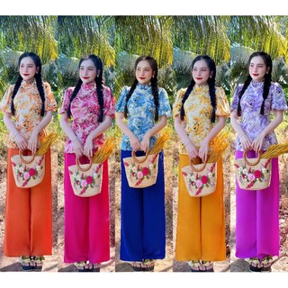 SET BỘ BÀ BA CỔ TÀU , NÚT SÒ , TAY BÍ - LỤA MANGO