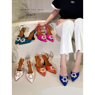 Giày cao gót nữ slingback gót 9p bít mũi satin phối khóa hoa đá f0677