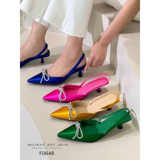Giày cao gót nữ slingback gót nhọn 3p bít mũi nơ xoàn hở gót f0648