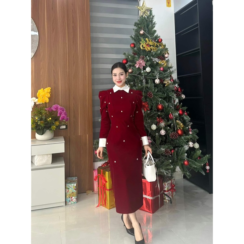 Váy nhung body cổ sơ mi B262 chất nhung có đính đá dành cho nữ đi làm, đi chơi