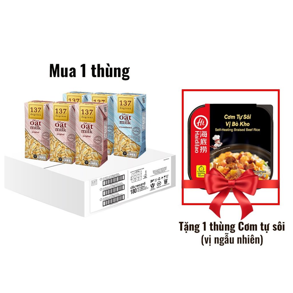 [MUA 1 THÙNG TẶNG 1 THÙNG CƠM TỰ SÔI HAIDILAO] Sữa Hạt Yến Mạch Không Ngọt 137 Degrees (180ml x 36 Hộp)