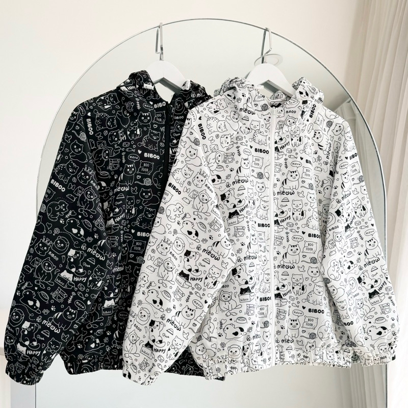 BIBOO - Áo khoác dù có nón họa tiết mèo dễ thương form rộng năng động MEOW JACKET