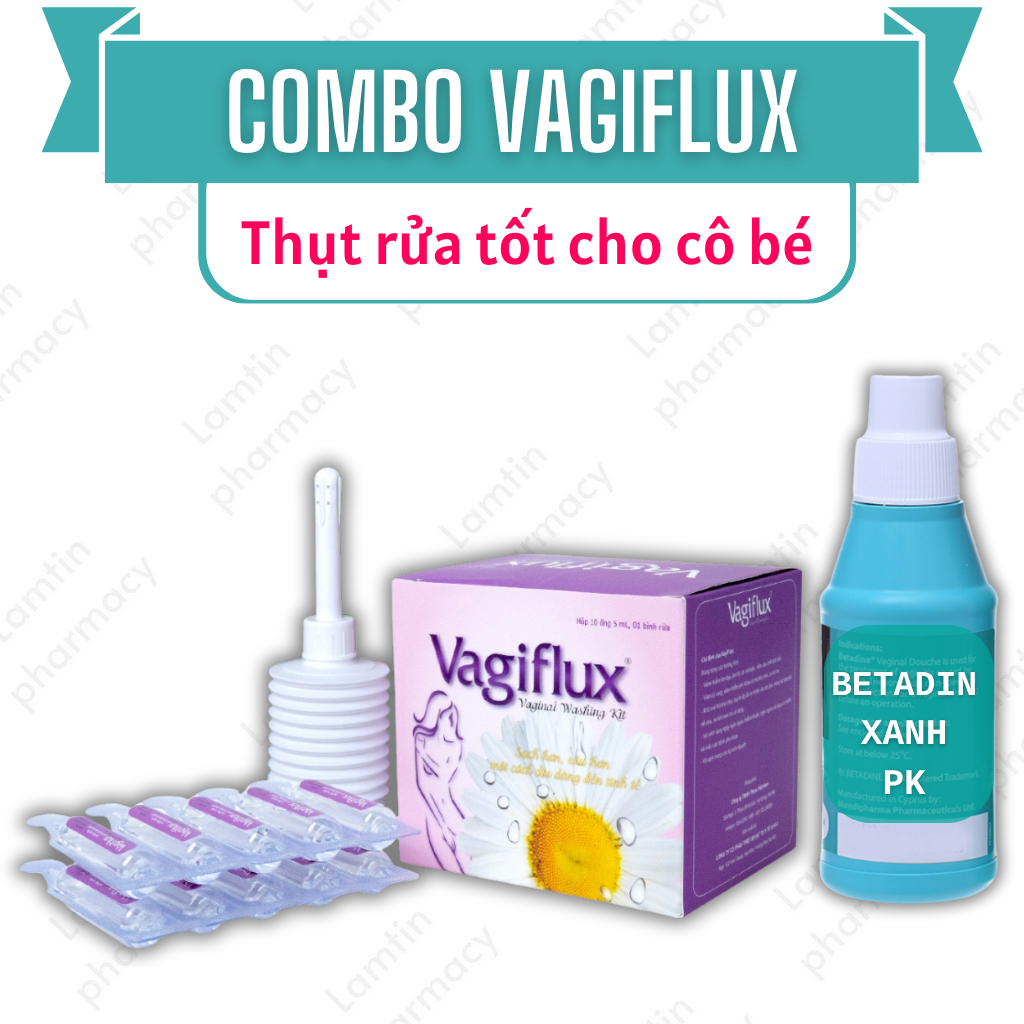 Tặng Que Kèm Cốc Đựng Chính Hãng Combo Vagiflux và Betadine Bình rửa vệ