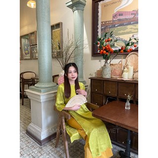 Áo dài gấm Liên Hoa xanh bơ