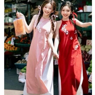 Set áo dài cách tân cổ yếm trung thu kèm quần ống rộng cực đẹp phong cách cá tính cho nữ áo dài tết dễ thương sang chảnh