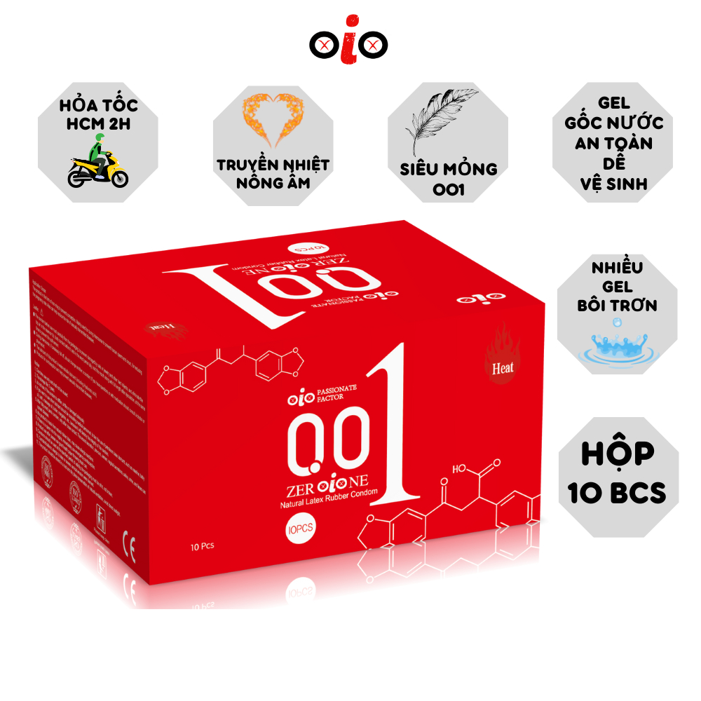 Bao cao su OiO siêu mỏng 001 nhiều gel bôi trơn, bcs kéo dài thời gian chống xuất tinh sớm Hộp 10c
