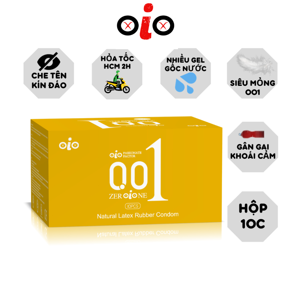 Bao cao su OiO siêu mỏng 001 nhiều gel bôi trơn, bcs kéo dài thời gian chống xuất tinh sớm Hộp 10c