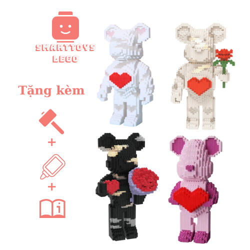 Mô Hình Lego Bearbrick Tình Yêu Size 35cm/33cm, Lego Gấu Tim Đỏ/Tim Đen/Cầm Hoa/Ôm Tim, Quà Tặng Người Yêu Dịp Valentine