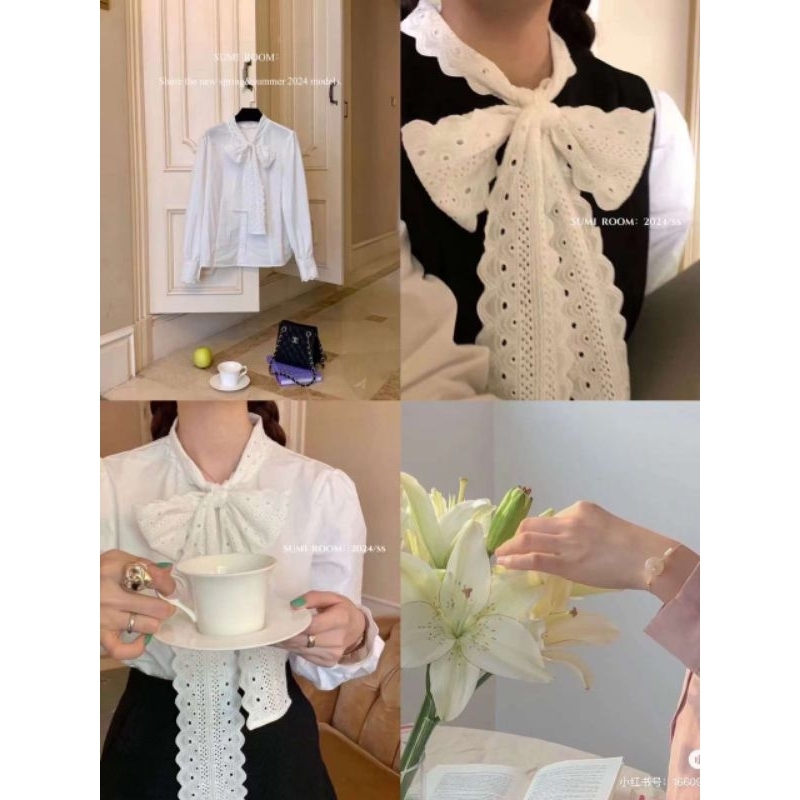 ÁO SƠ MI TRẮNG BUỘC NƠ REN BẢN TO metwo.dearu - Áo sơ mi nữ thô mịn QC dài tay cổ bèo nơ to dày dặn ulzzang Hàn Quốc