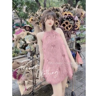 [Hoả Tốc] Váy yếm lông tua rua đính nơ xoè dáng chữ A ,đầm nữ cổ yếm suông dáng ngắn có lót quần