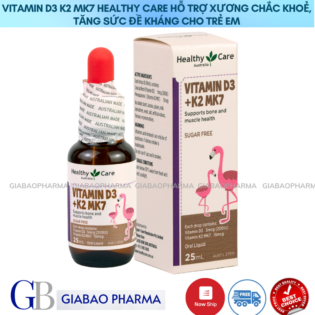 Vitamin D3 K2 MK7 Healthy Care hỗ trợ xương chắc khoẻ, tăng sức đề kháng cho trẻ em nhập khẩu chính hãng (hộp /25ml)