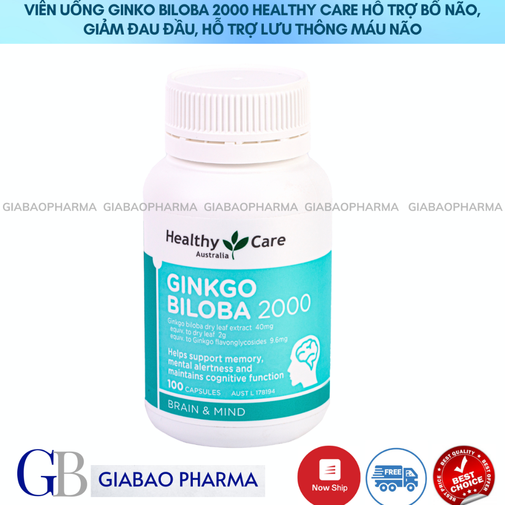 Viên uống Ginkgo Biloba 2000 Healthy Care hỗ trợ bổ não, giảm đau đầu,giúp lưu thông máu não nhập khẩu chính hãng (100v)