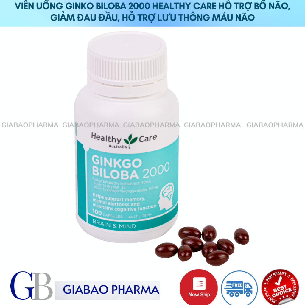 Viên uống Ginkgo Biloba 2000 Healthy Care hỗ trợ bổ não, giảm đau đầu,giúp lưu thông máu não nhập khẩu chính hãng (100v)