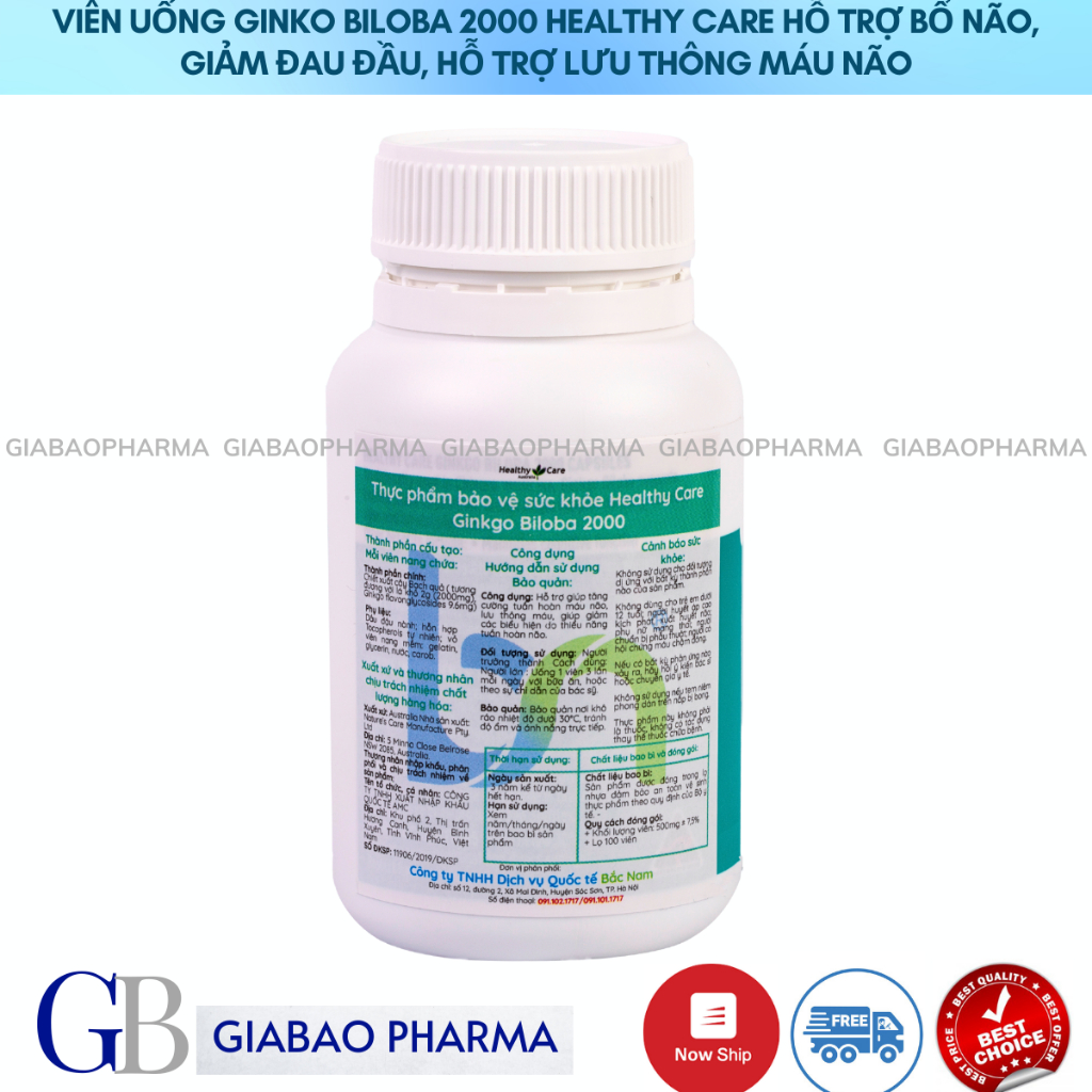 Viên uống Ginkgo Biloba 2000 Healthy Care hỗ trợ bổ não, giảm đau đầu,giúp lưu thông máu não nhập khẩu chính hãng (100v)