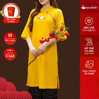 SWANLAKE |  Áo Dài Kỳ Duyên Cách Tân Linen Thêu Đỏ/Vàng Đẹp, Thanh Nhã - L11143LW04