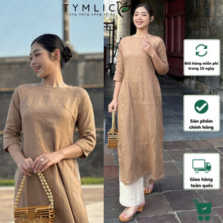 Áo dài truyền thống linen tưng premium cổ tròn màu nâu ad349 tymlic