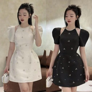 Đầm nữ thiết kế vai đinh đá váy taffa vân gỗ đính hạt sang trọng xinh đẹp cho nàng đi tiệc ST10
