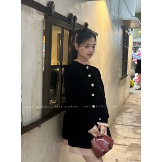 MEII STUDIOS - Váy nhung đen phối cổ be