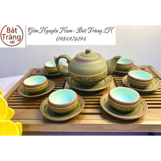 Bộ ấm chén dáng Búp sen chân nhỏ trống đồng - Ấm chén Bát Tràng cao cấp - Ấm trà tử sa Bát Tràng 2N