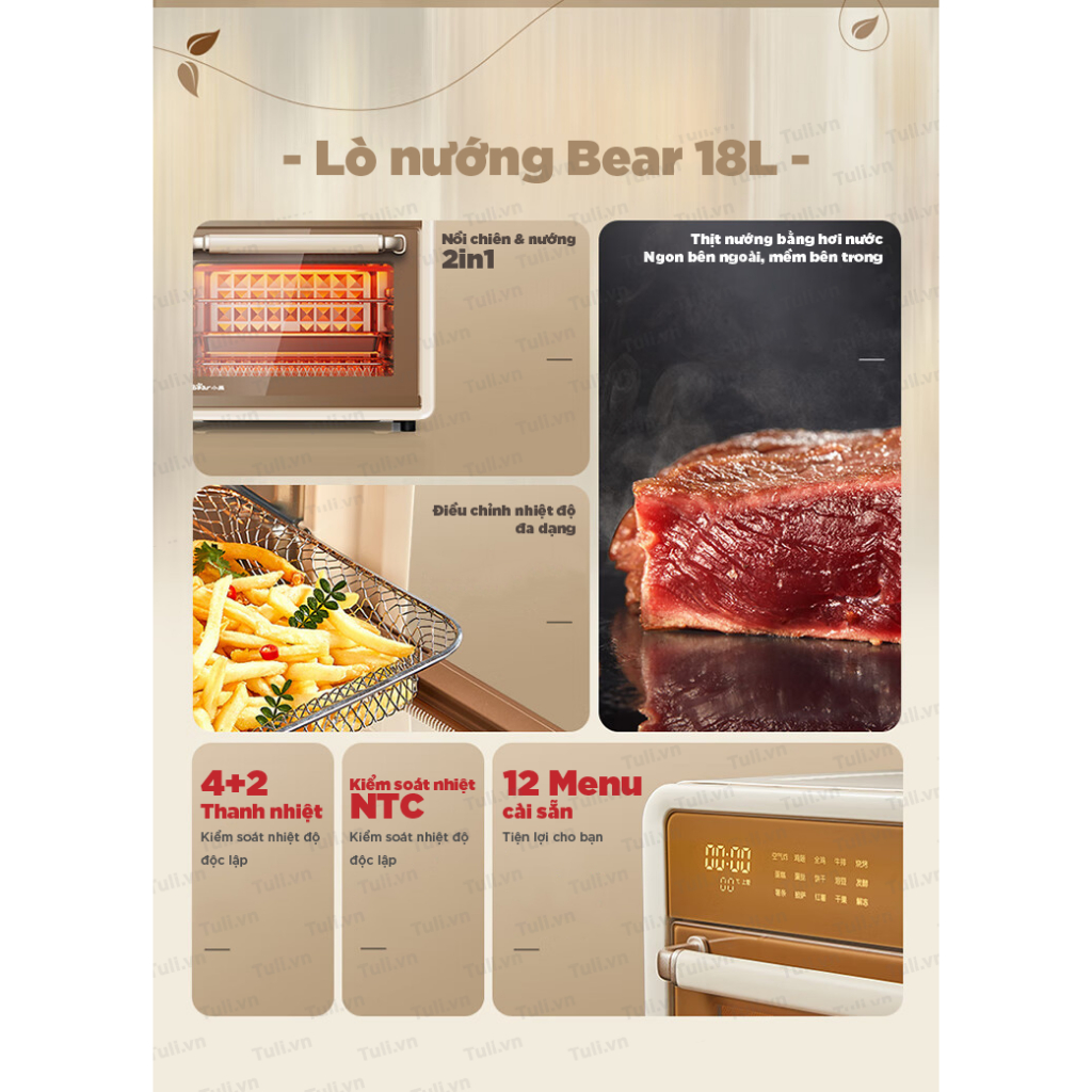 Nồi chiên không dầu -Lò nướng hơi nước đối lưu Bear DKX-F18G5 Dung tích lớn 18L, 1400W, Gia đình 2-5 người ăn,BH 18 TH