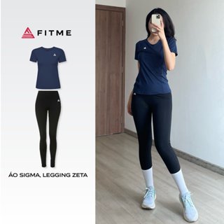 Bộ đồ tập gym nữ Fitme áo thể thao Sigma Xanh Navy, quần legging dài Đen form body cao cấp