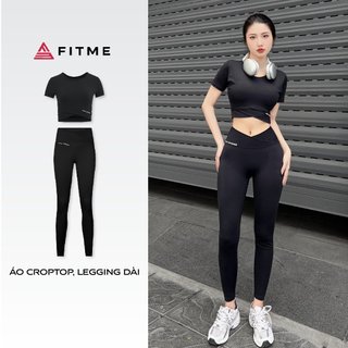 Bộ đồ tập thể thao Áo thun croptop Đen, Quần legging phối xéo Đen tập gym yoga thoáng khí