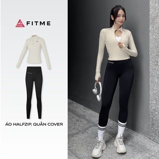Bộ đồ tập gym yoga Fitme áo halfzip ivory và quần legging đen phối xéo