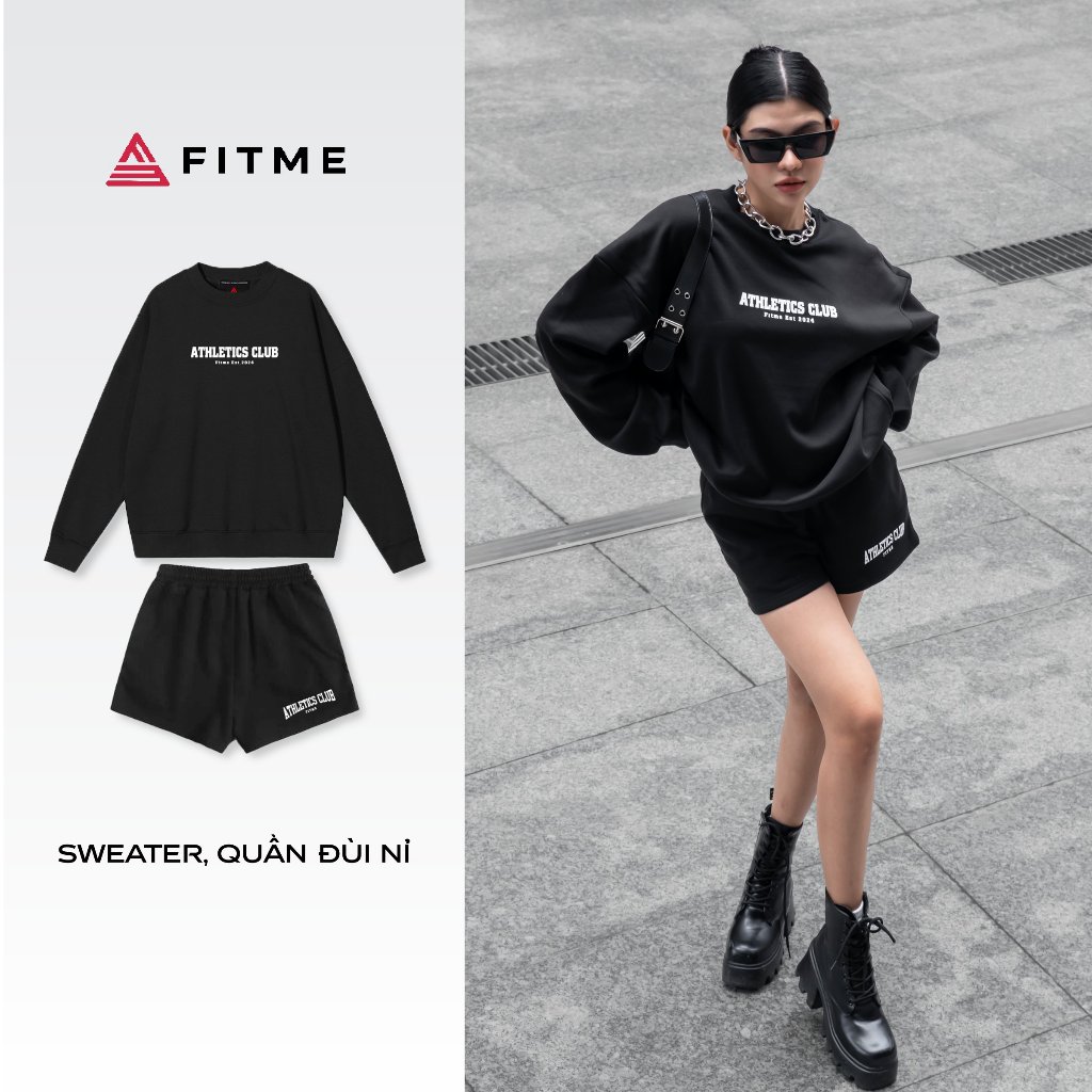 Bộ đồ nỉ lông Fitme sweater và quần đùi form rộng dày dặn màu đen