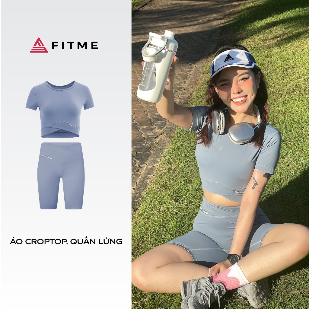 Bộ đồ thể thao tập gym yoga Fitme áo thun croptop quần legging lửng phối xéo Fitme Cover23 xám xanh