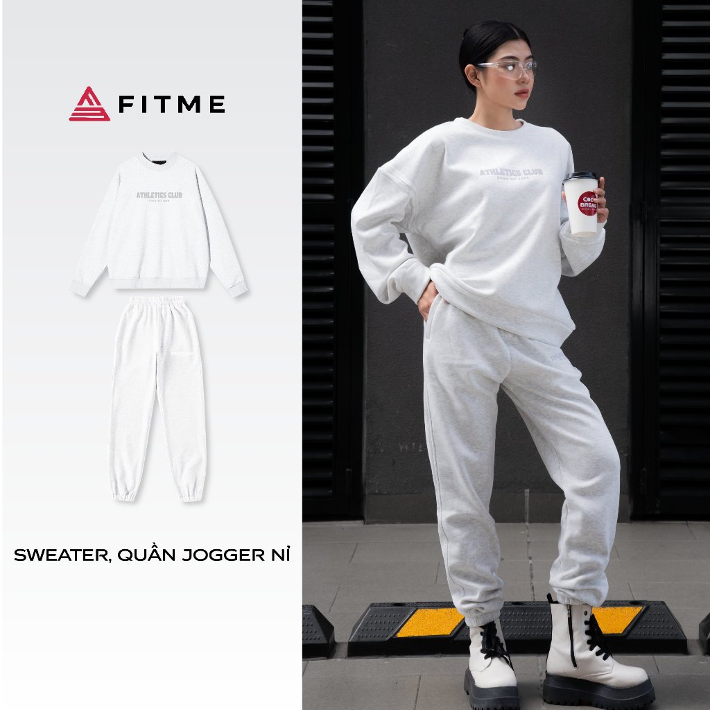 Bộ nỉ lông nam nữ Fitme áo sweater dày dặn, quần jogger màu Melenge Grey