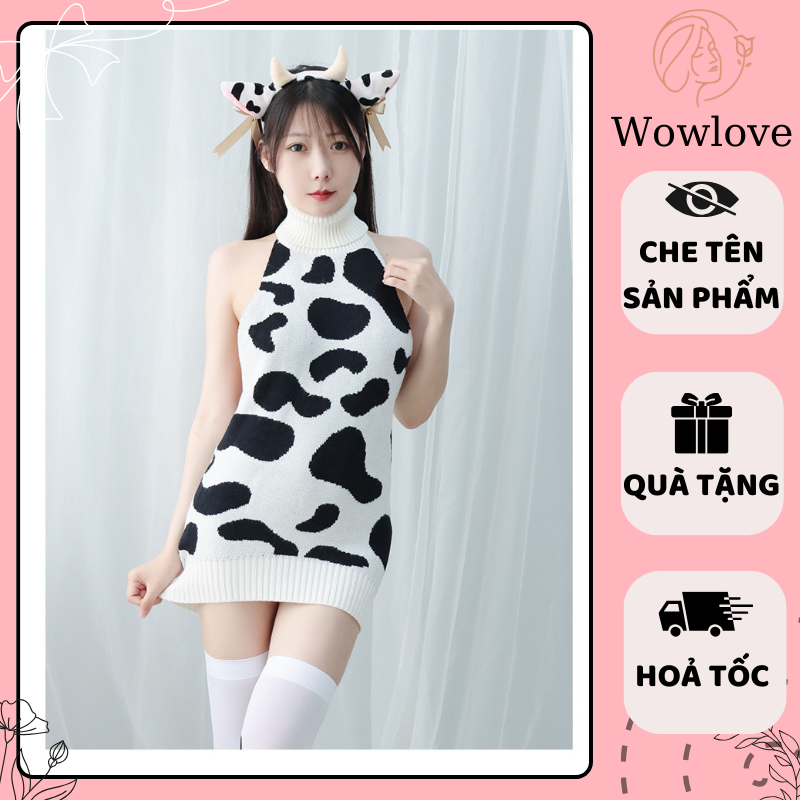 Đầm Ngủ Đan Len Ôm Dáng Thiết Kế Hở Lưng Họa Tiết Sữa Bò Thời Trang Quyến Rũ Cho Nữ