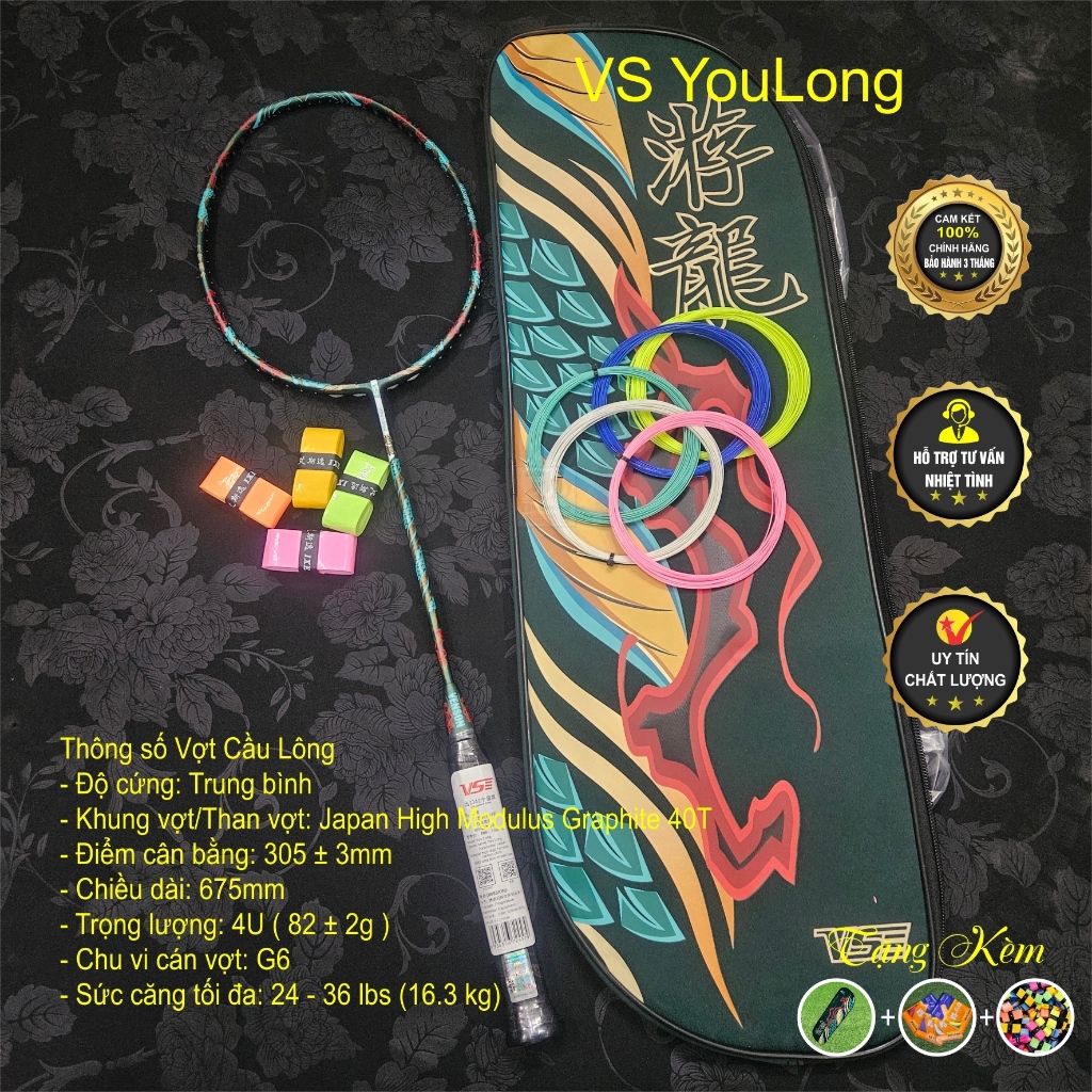 Vợt cầu lông VS YouLong rồng xanh căng sẵn cước + Bao đơn + Quấn cán