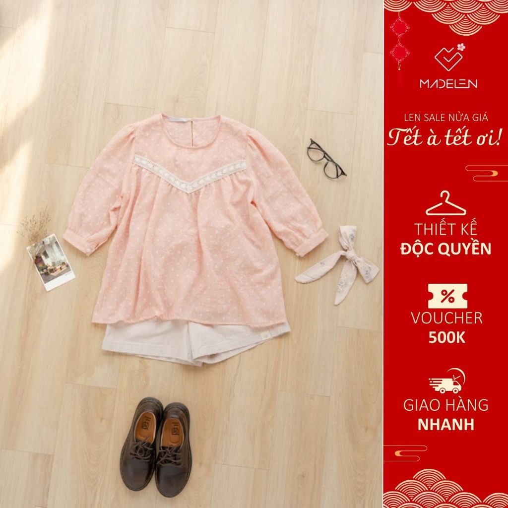 Áo babydoll tay lỡ họa tiết chấm bi viền ren xinh xắn MADELEN