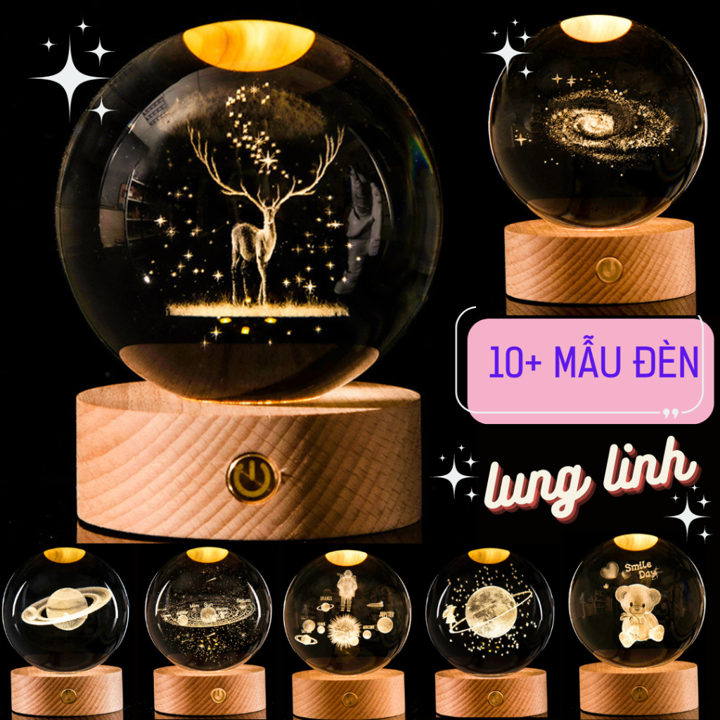 Quả Cầu Pha Lê - Đèn Ngủ Quả Cầu Thuỷ Tinh 3D Ánh Sáng Vàng Cực Đẹp, Làm Quà Tặng Bạn Nữ, Quà Tặng Sinh Nhật