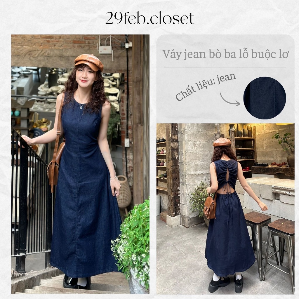 Váy Jean Bò Ba Lỗ Buộc Nơ Lưng Dáng Xoè Dài Nhẹ Nhàng Nữ Tính - 29feb.closet - V183