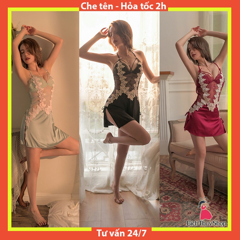 Váy Ngủ Lụa Sexy Ren Hoa Nổi Hở Lưng Dây Chéo Xẻ Tà Gợi Cảm BT071