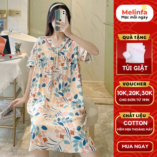 Váy đầm ngủ ngắn tay cổ V cách điệu vải Cotton lụa thoáng mát, váy lanh mặc bầu, áo ngủ nữ bigsize mã VAV0495