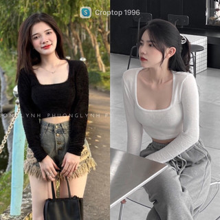 Áo cổ U dáng Croptop thu đông - Áo thun dài tay dáng ngắn CRT15