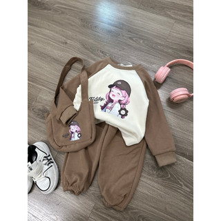 set bộ cho bé chất nỉ dầy dặn_ Bộ Nỉ thu đông cho bé gái kèm túi đeo labubu