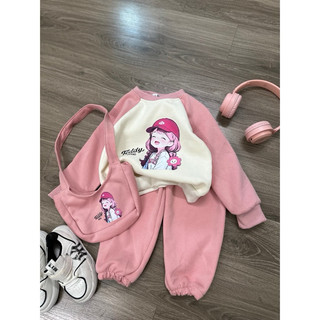 set bộ cho bé chất nỉ dầy dặn_ Bộ Nỉ thu đông cho bé gái kèm túi đeo labubu